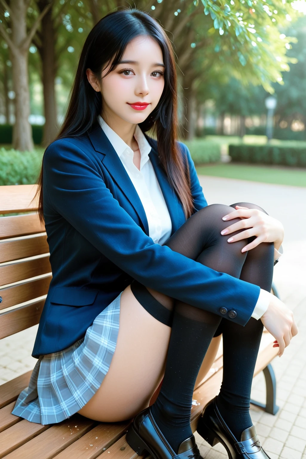 (8K), (highest quality: 1.2), (realistic), (realistic: 1.37), ultra high resolution, (1 girl), cute, smile, closed mouth, beautiful details, beautiful nose, wet hair, giant dulcefo, pork, thighs，self snap,University Student Uniform,A simple navy blue blazer,pleated skirt,(The skirt and tie are gray tartan check pattern....:1.3),(sitting:1), sit on the ground,(hug your feet:1),(pink pantyhose),from the front,knees