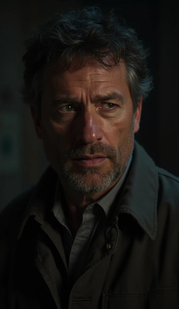 a 45 year old thin, creepy, boney, male police officer, with comb over hair, thick square glasses, crooked yellow teeth, hips lopsided, shining flashlight at viewer, dirt road, detailed face, extremely detailed eyes and face, high quality, photorealistic, dramatic lighting, cinematic, eerie atmosphere, gritty, moody, chiaroscuro lighting, desaturated colors