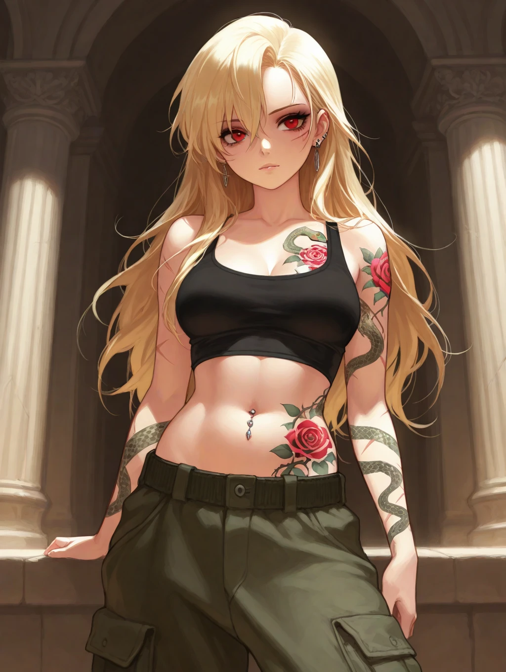 Masterpiece, Ultra extremely detailed, Insanely Definition - quality, 8k, (vibrant colors,vibrant theme), (intricate), full body ,                                                                                                      1 girl, long blonde hair, curly receding hair, big breasts, slim waist, muscular legs, well-defined legs, athletic body, real-looking skin , dark skin tone ,  real looking iris eyes , snapped short shorts, underboob  tee , very sweaty, in the jungle doing a trail.  extremely detailed skin texture , camera view from above,  Grainy Video Film , Natural cinematic lighting, 
