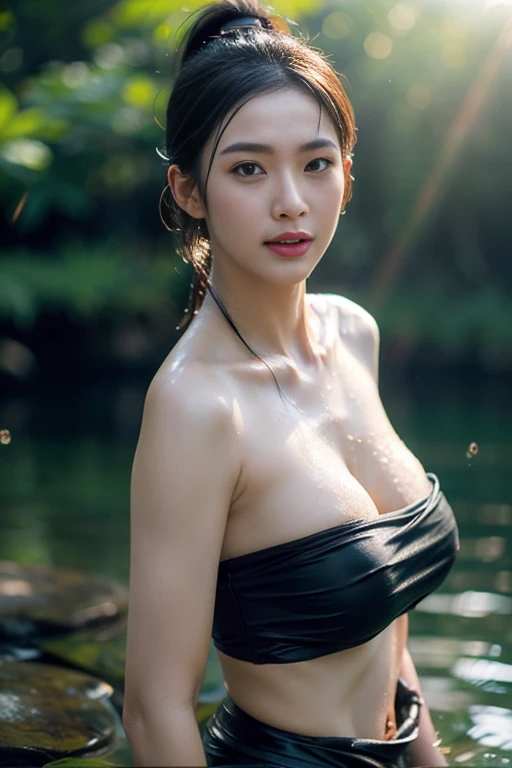 beautiful girl ,Thai female warrior, showering in a swiming pool at the forest, dynamic poses, Red and black strapless shirt, long ponytail,black eyes,abdominal muscles,plump body, rounded ?????, (big ??????:1.3), rift, morning sun,staring at the audience, rain, (dynamic poses), shower, shower poses, ((face details)),Double eyelids, finished, (Backlight), realistic, Masterpiece, Highest quality, lens flare, shade, in full bloom, [[Chromatic aberration]], By Jeremy Lipking, By Antonio J.. Manzanedo, digital painting, HDR, high contrast. ???????????, show cleavage
