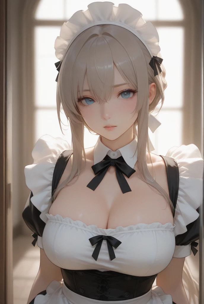 (((masterpiece, best quality))), (((superior quality))), cute girl, ((extremely detailed girl)), (()), maid, ( shoulders), strapless top, ( neck)