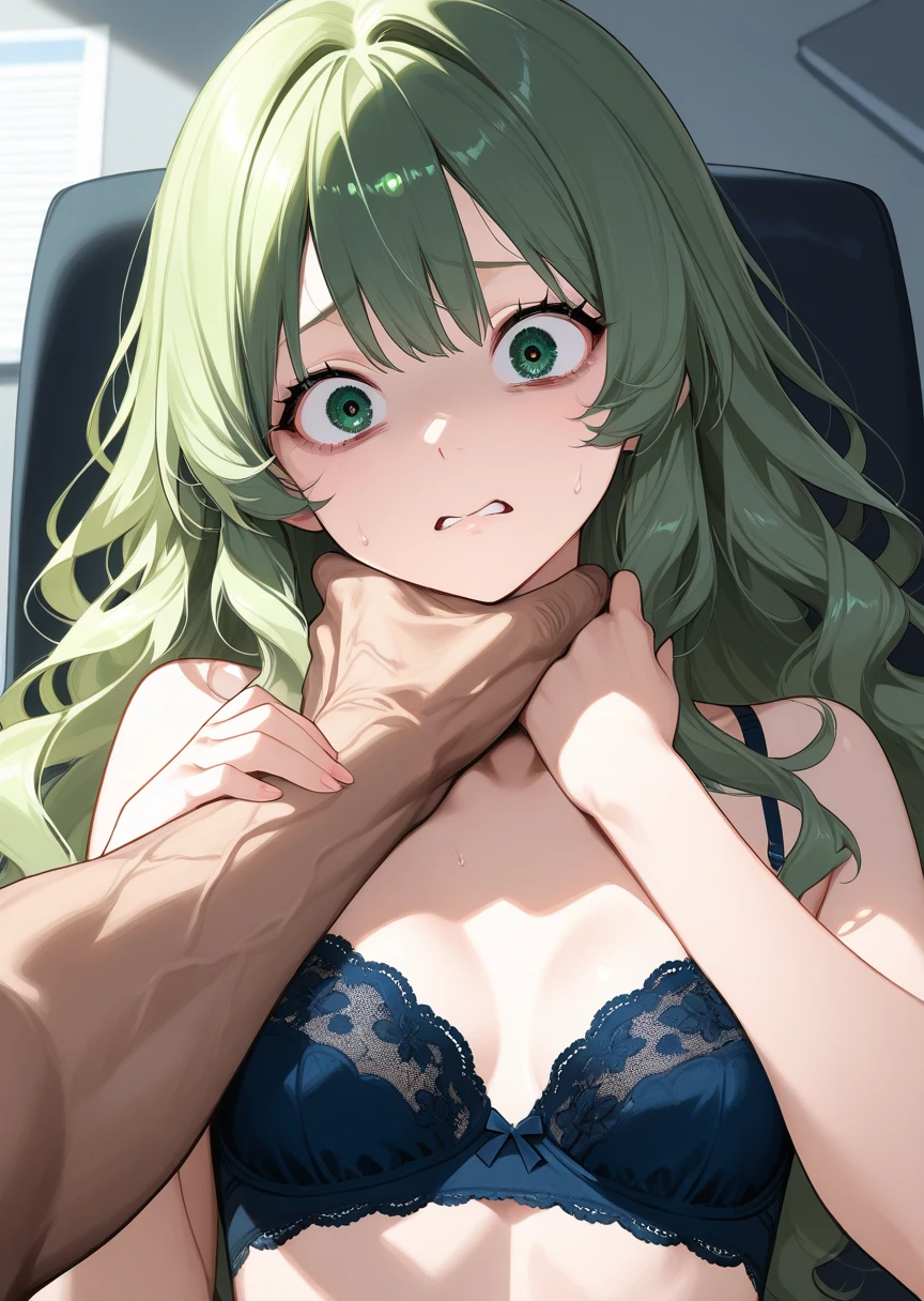 ,Completely ,Highest quality, girl, alone, Kilo,Hands tucked between crotches,をしている, behavior,｛｝,｛tits｝,｛The whole body is visible｝,｛Front angle｝,｛looking at the camera｝,Green Eyes, Green Hair, Long Hair, hair band, masterpiece,High resolution,Embarrassed face,Flustered face,Mouth open,｛Watery eye｝,Hiding her chest,Hiding your with your hands,