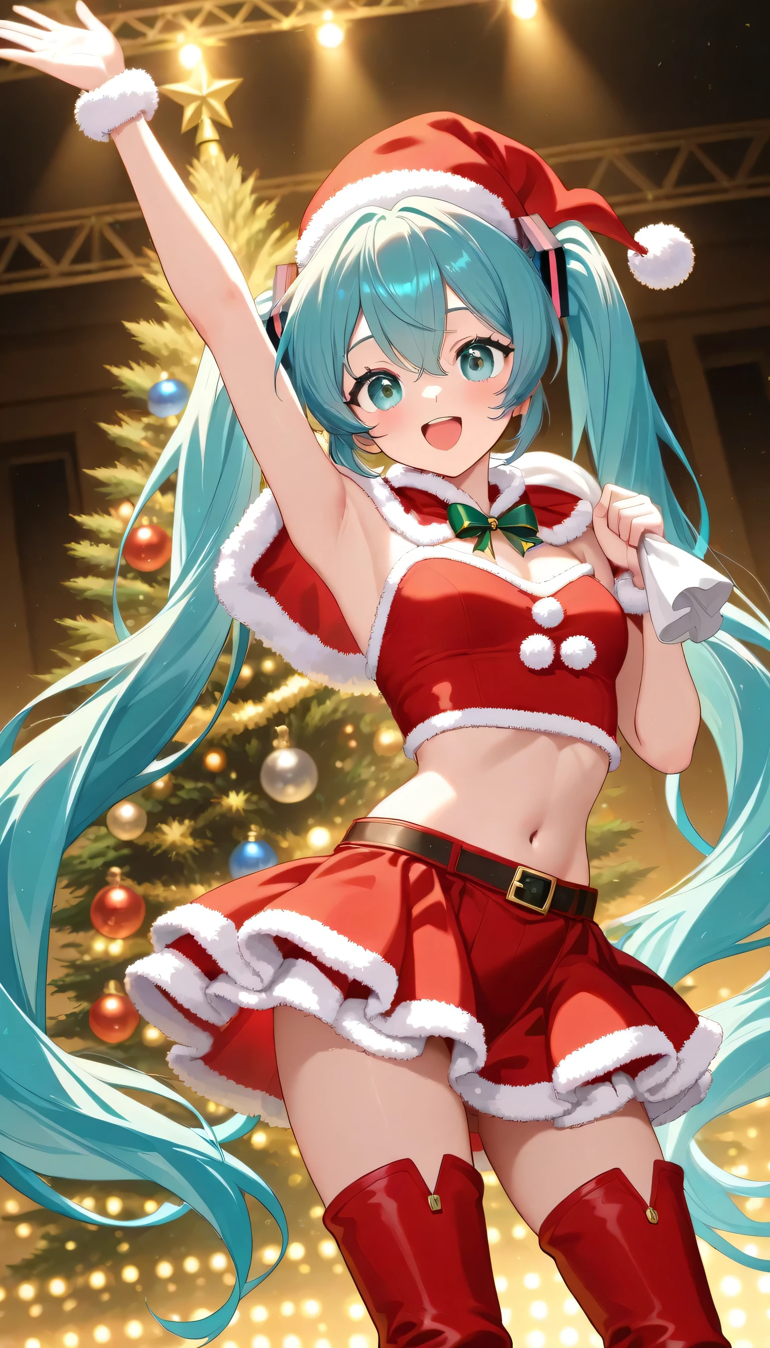 Super Detailed,top quality,high image quality,8k,Hatsune Miku, Santa Outfits, red miniskirt, Santa Hat, Red Short Boots,Bright, perfect hand, Christmas tree, Illuminations,Volume Lighting, Live Lighting, concert stage,cowboy shot, is standing,Stretch Your Arms,jump