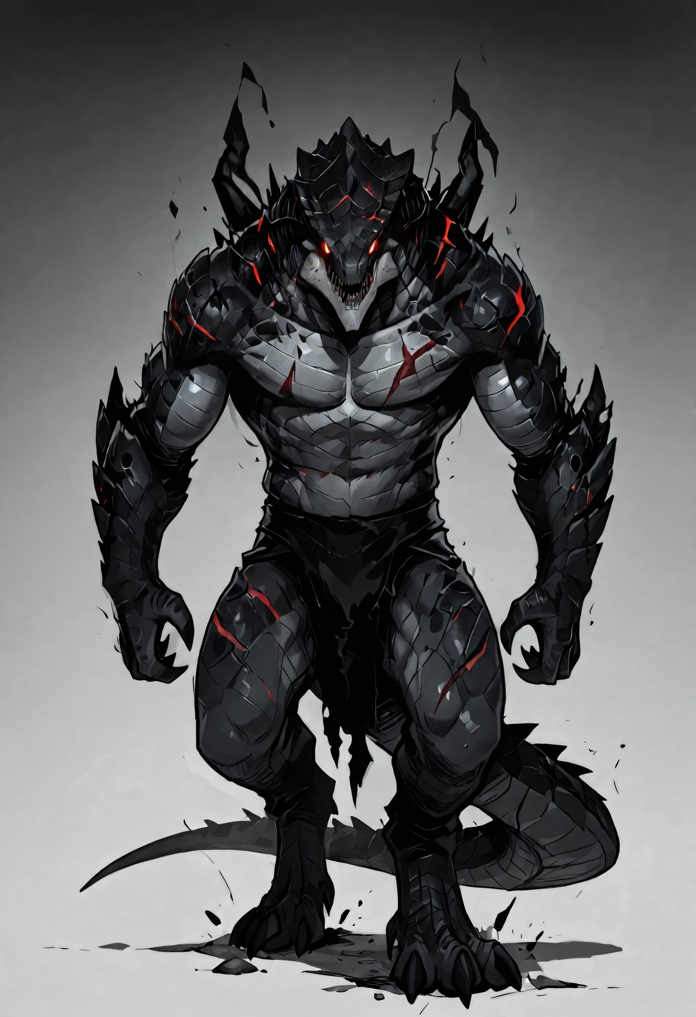 1male, solo, anthro, lizardfolk, anthro dragonic lizard, solo, portrait, scaly, detailed scales, experienced predator, monstrous anthro reptile, black scales, matte body, torso is well-defined and muscular, body robust and powerful, detailed scales, scars on body and head, thick neck, defined jaws, strong, pecs, scaly, darkness, horror, full body view, simple gradient background, best quality, 4k, ultra-detailed