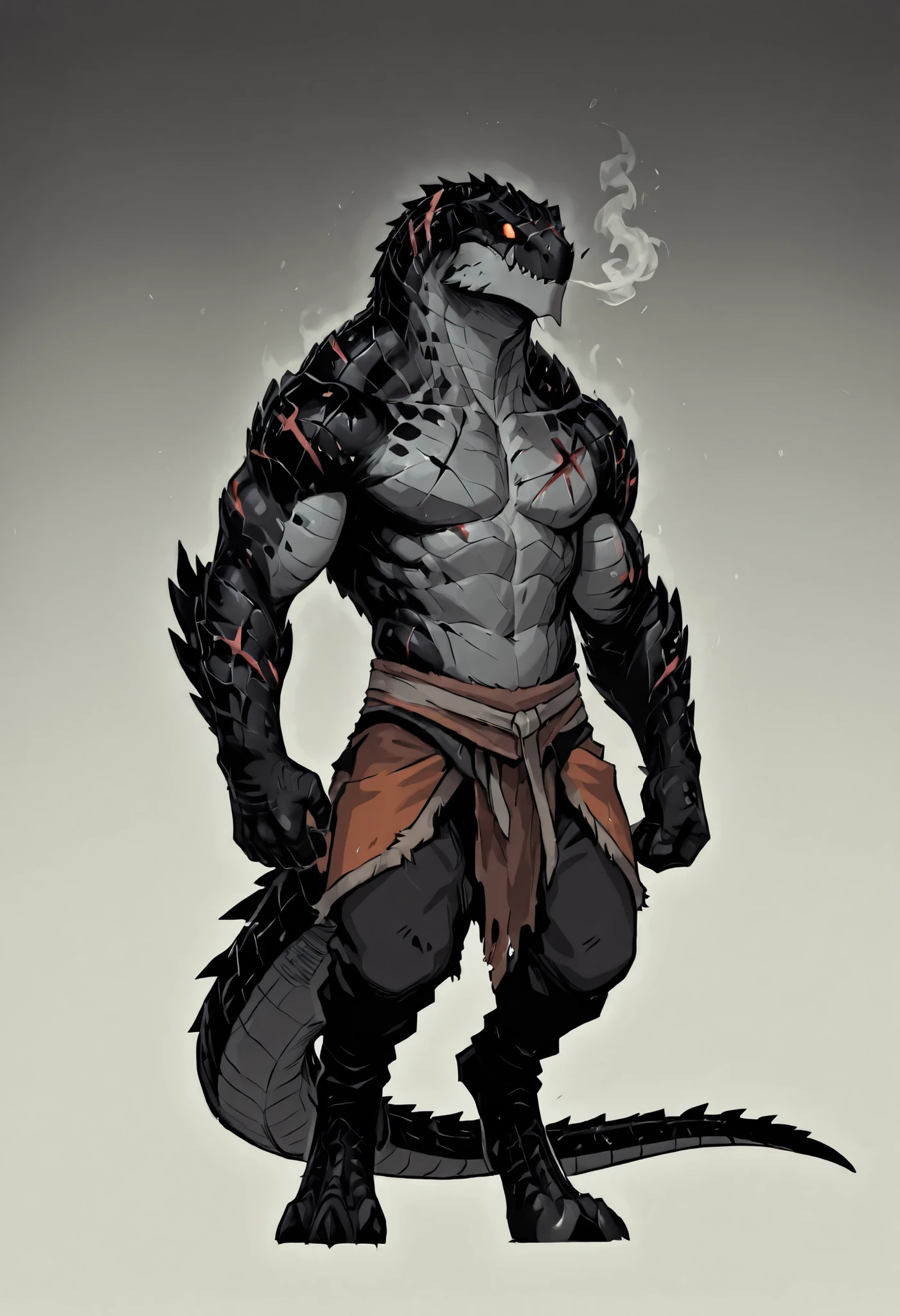 1male, solo, anthro, lizardfolk, anthro dragonic lizard, solo, portrait, scaly, detailed scales, experienced predator, monstrous anthro reptile, black scales, matte body, torso is well-defined and muscular, body robust and powerful, detailed scales, scars on body and head, thick neck, defined jaws, strong, pecs, scaly, darkness, horror, full body view, simple gradient background, best quality, 4k, ultra-detailed, dnd