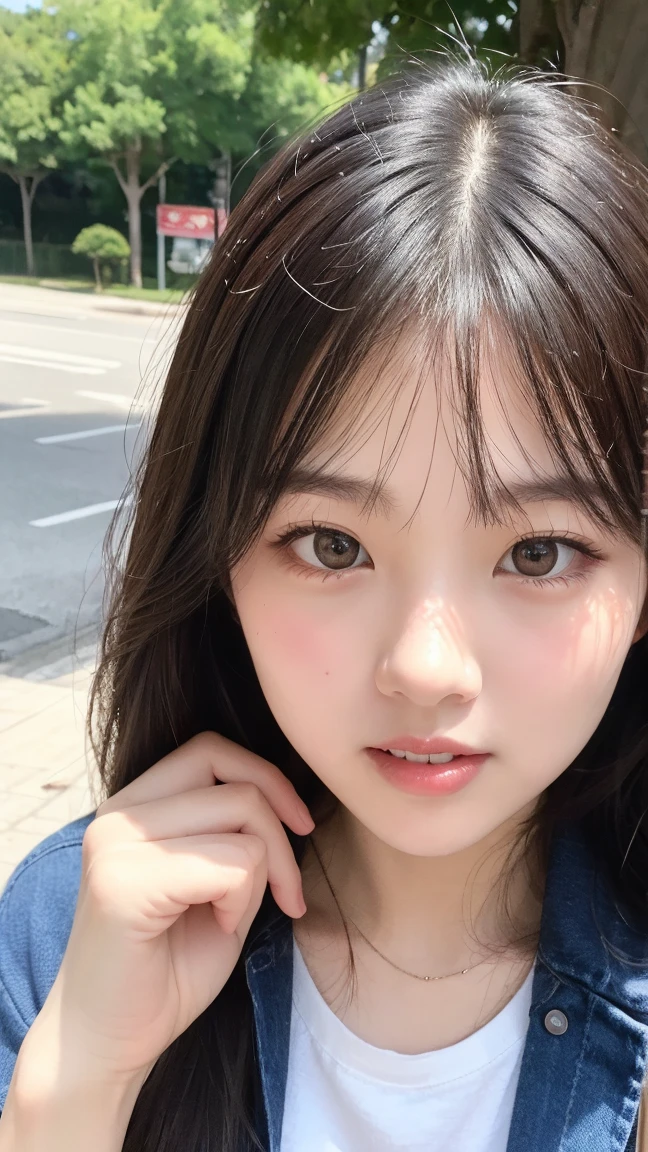 ((Detailed and realistic faces)), (7 years old:1.2), ((One Girl)), (Baby Face:1.2), (Very thin body:1.3), (Small breasts), Shibuya Background, (), (The gesture of tucking black hair behind the ears with both hands), (No makeup), (whole body), (((Expressions of ))), ((Drooping eyes)), Sit with one knee raised