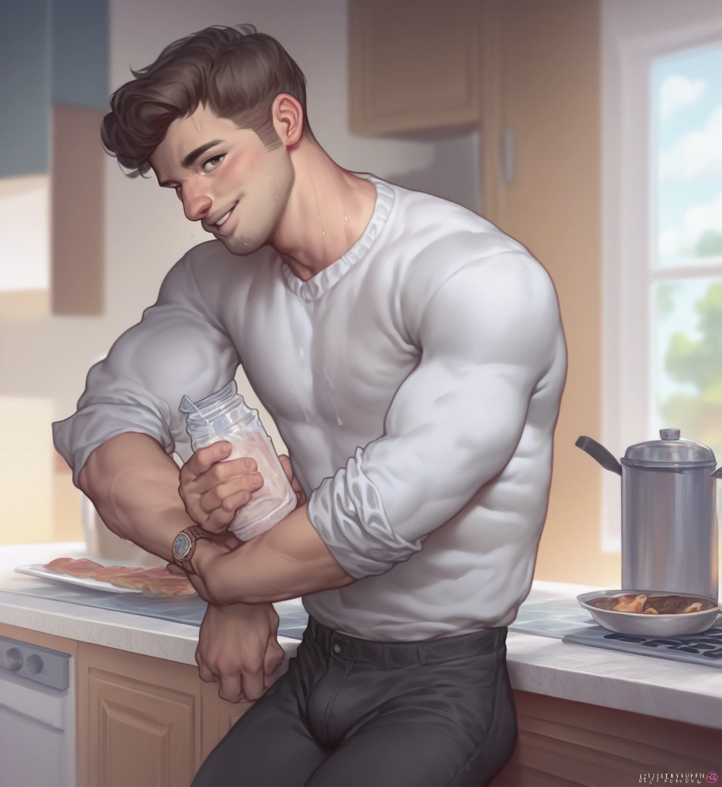 (handsome Man sitting on table eating bread ),(crew cut short hair:1.8),black eye,(Wear a fitted round neck t-shirt in navy with a police badge.:1.5),(fit neck),Navy blue jeans,(black_gloves:1.2), Korean guy,chest muscles,large arm muscles,blood vessel,Big muscles,Broad shoulders, (open mouth:1.2),(face up:1.2),(open eyes:1.5), middle of the road,smile, In the bread shop, 