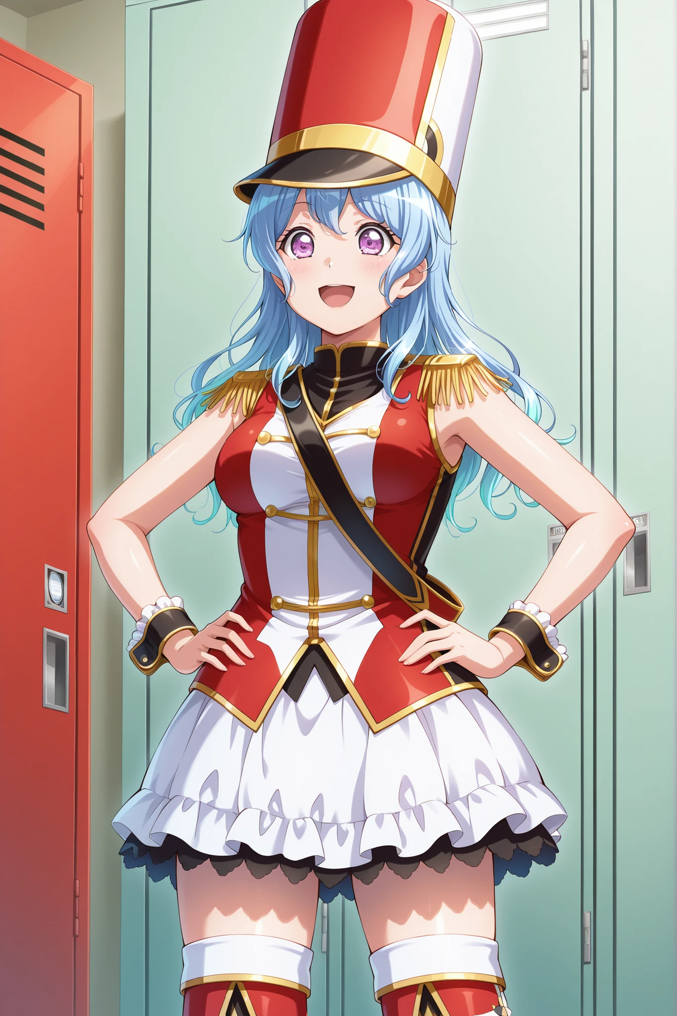 realistic ,cg, photorelistic ,solo, 1girl, Matsubara Kanon,long hair, hair between eyes,green hair band,purple eyes, blue hair, light blue hair, red costume ,kokorohhw, hhw white skirt, hhw shako cap, hhw band uniform, hhw wrist cuffs, hhw thigh boots, three floggings costume, open mouth,medium , rouge lips , standing , live locker room, cowboy shot, standing ,hands on  ,from front ,smile