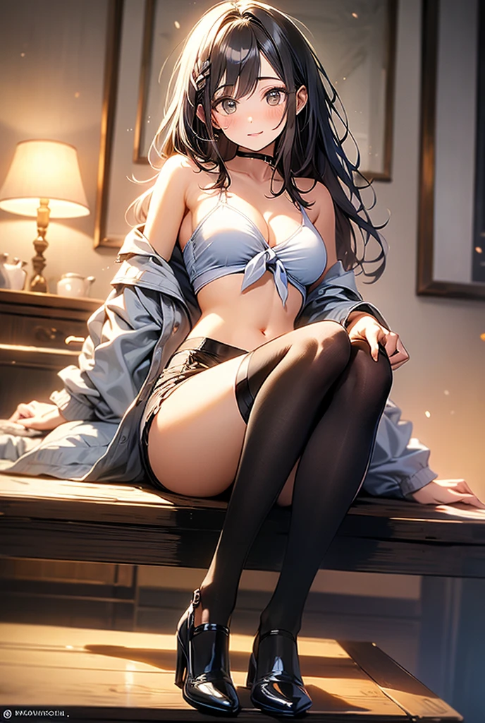 (masterpiece art, high best quality image, very detailed features), solo character
1Beautiful 23 years old girl, light blue eyes, black hair tied in two in short pig-tails with two pink ribbons tidying the pig-tails, , beautiful figure, big glutes, 
Relaxed smile
(purple top shirt with clevage, short green skirt, black  hose, black shoes),
Dannish house living room, sitting relaxed on sofa, holding a paper notebook with her left hand