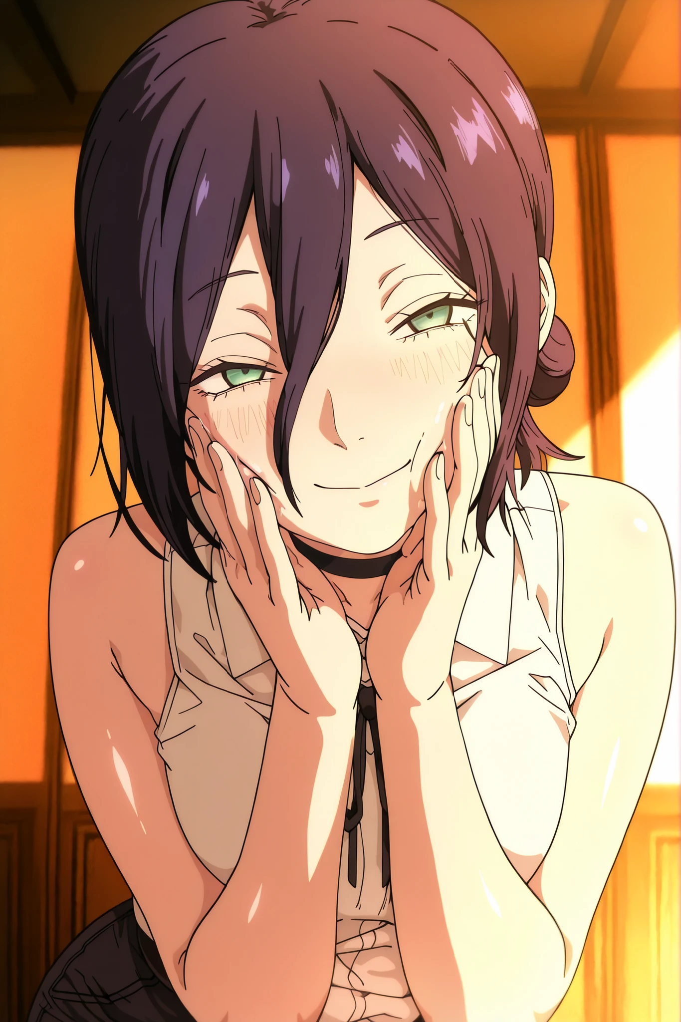 1girl, solo, reze \(chainsaw man\), reze, green eyes, hair between eyes, hair bun, choker, black ribbon, white sleeveless shirt, closeup, masterpiece, high quality, intimate perspective, both hands gently cupping her cheeks, fingers softly pressing into the skin, elbows slightly raised, leaning forward toward the viewer, teasing half-lidded eyes, gaze, subtle smirk, slightly parted glossy lips, warm blush across cheeks and nose, soft shadows, low-key lighting, sensual and intimate mood, shallow depth of field, looking at viewer, highres, hi res, best quality, masterpiece, anime coloring, anime screencap, shiny skin, TRexStyle