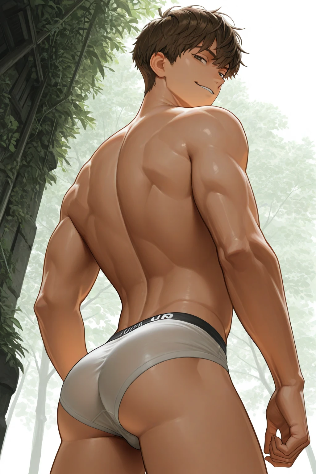 ((18 year old guy)) aesthetics of the male body, back view, full length, micro , artist with a brush, paints with oil paints on glass New Art, body art,   back view, elastic, perfect hips, gorgeous figure,  honey short hair, , looking at you, mouth slightly open, arched back, professional photo, raw