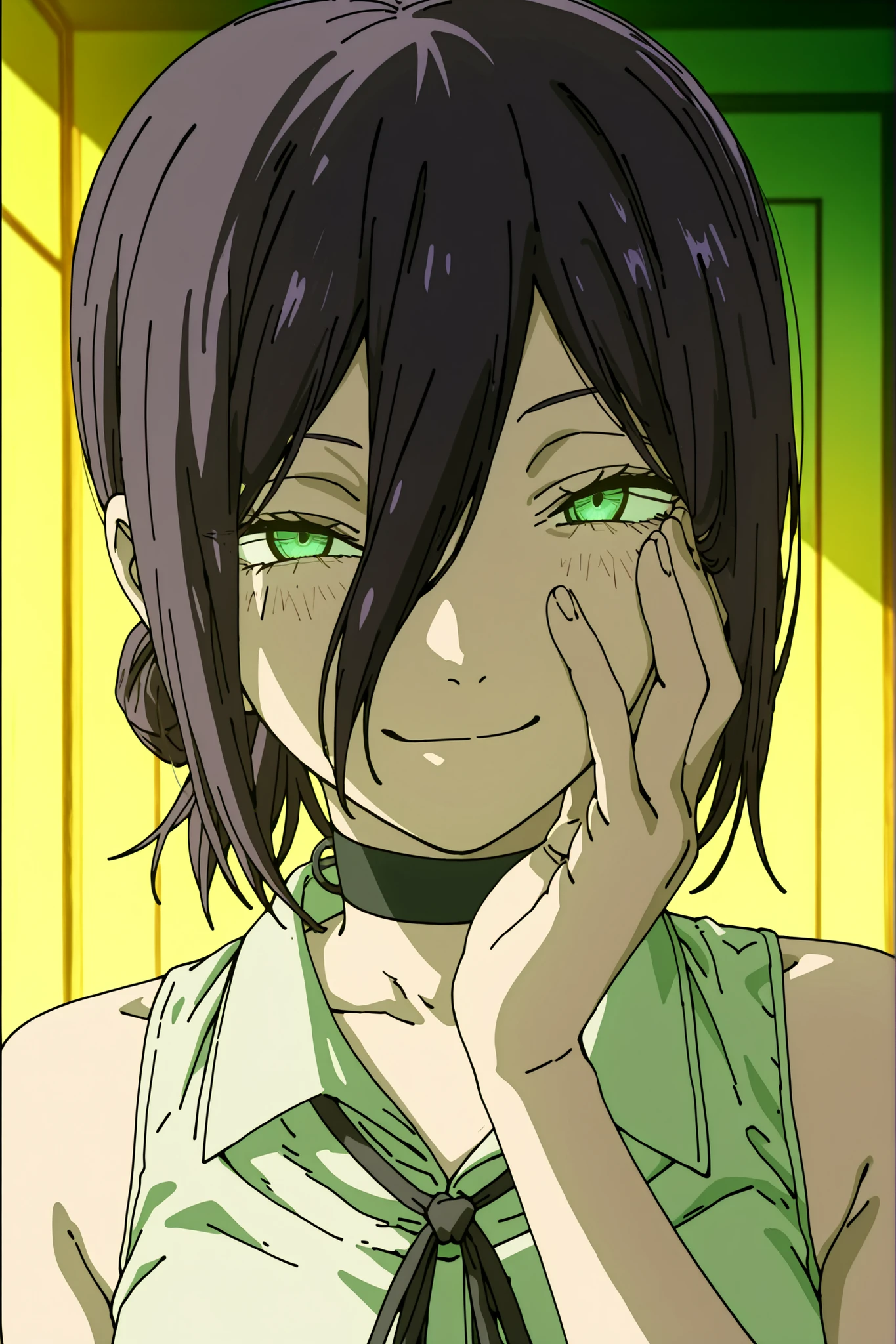 1girl, solo, reze \(chainsaw man\), reze, green eyes, hair between eyes, hair bun, choker, black ribbon, white sleeveless shirt, closeup, masterpiece, high quality, both hand on cheek,  gaze,  smirk, looking at viewer, faced viewer, anime screencap, anime coloring, anime screenshot, fading border 