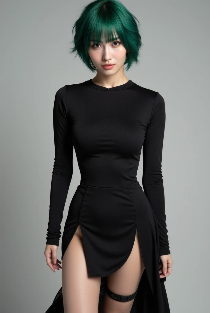 8K, Top Quality, Intricate Details, Ultra Detail, Ultra High Resolution, Masterpiece, close up shot, (full body: 1.1), Slender, Smile, (Makeup: 0.4), ,((purple eyes, green hair, bangs, long hair, high ponytail)), (Fluffy  Eyes: 1.21), (()), 1girl, solo, 1 girl, (()), close up shot, , ((tall)), (((fit body))), (((slim face))), sharp face, ((, ((black dress, hold skirt, skirt hold , lift skirt)), , ))  ,(detailed face), sharp face, small lips, , ,(( )) ,, ,
 ((,??????, braless )), , (( )), detailed face, detailed ??????, ((large ?????? ,???????????,  detail ???????)) ,, Narrow Waist, Skinny, tall , 190 cm tall, Muscular, Navel, Exposed Abdomen, Pointed ?????,, Beautiful girl with accentuated slender abs: 1.4, Six Pack Abs: 1.4, , Perfect Body, detail legs, (( dark background)), black background,