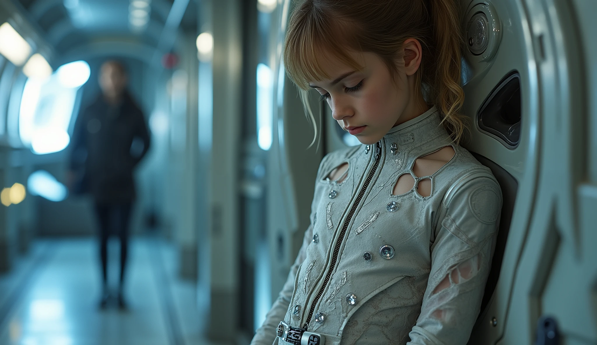 ainno,High-quality full-length photo of a ten-year-old girl, in the image of a space fleet engineer, in a tight-fitting, thin and elastic, smaller than the equipment needs, car made of super-thin high-tech material with transparent inserts all over the girl's body and elegant cuts, unbuttoned to the navel, with a belt with repair gadgets,leaning erotically, she digs into a futuristic