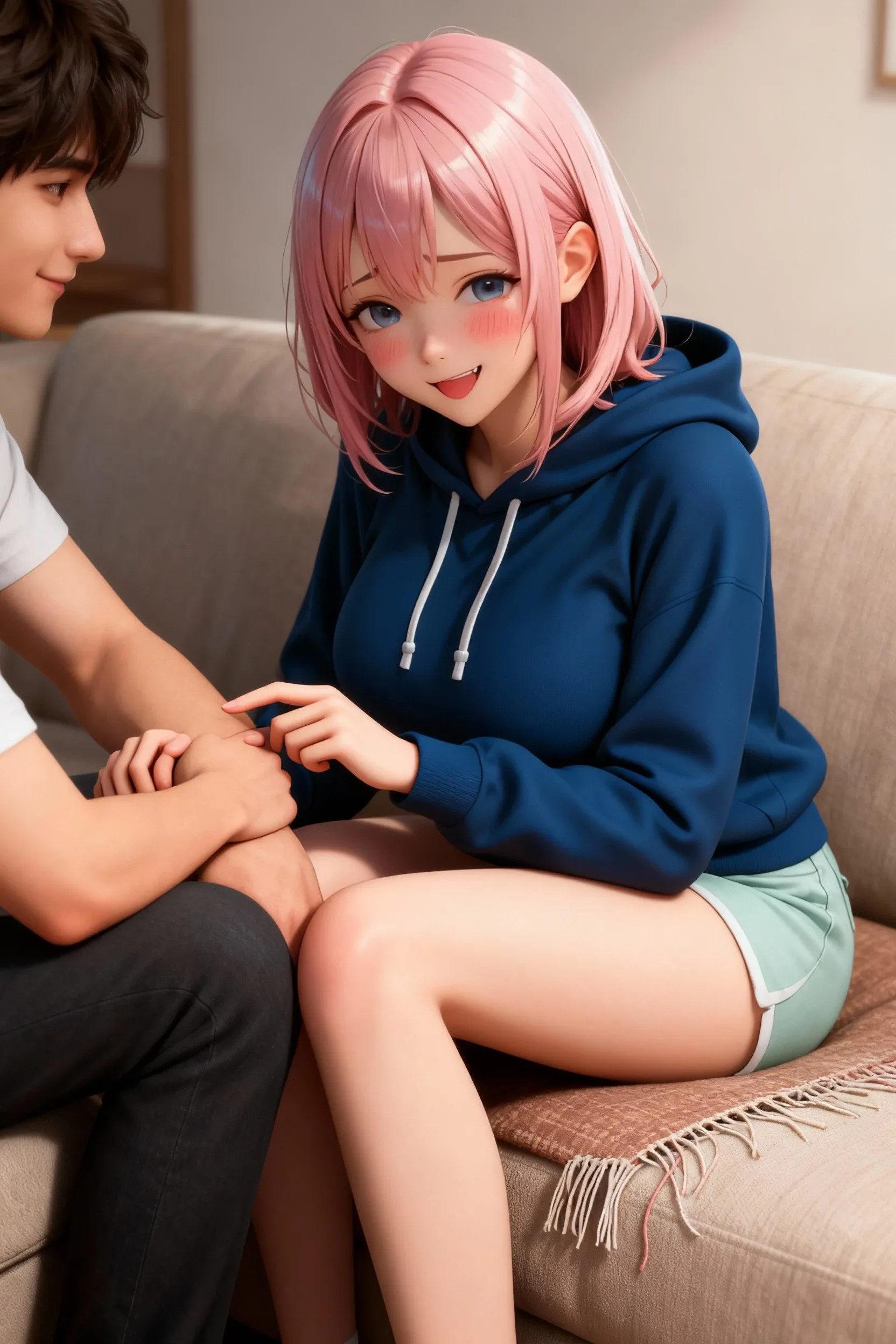 (8K,best quality),(masterpiece,hyperrealistic),Beauty、multicolored hair、underboob、off-shoulder sweater、mini skirt、girls_on_top_face_man straddling、