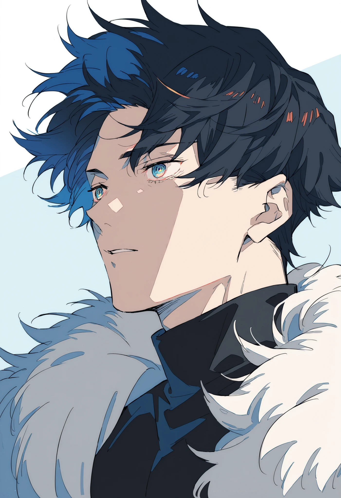 1male, blue eyes, black hair, fluffy hair, blue background, black tshirt turtleneck, white background, facing camera
