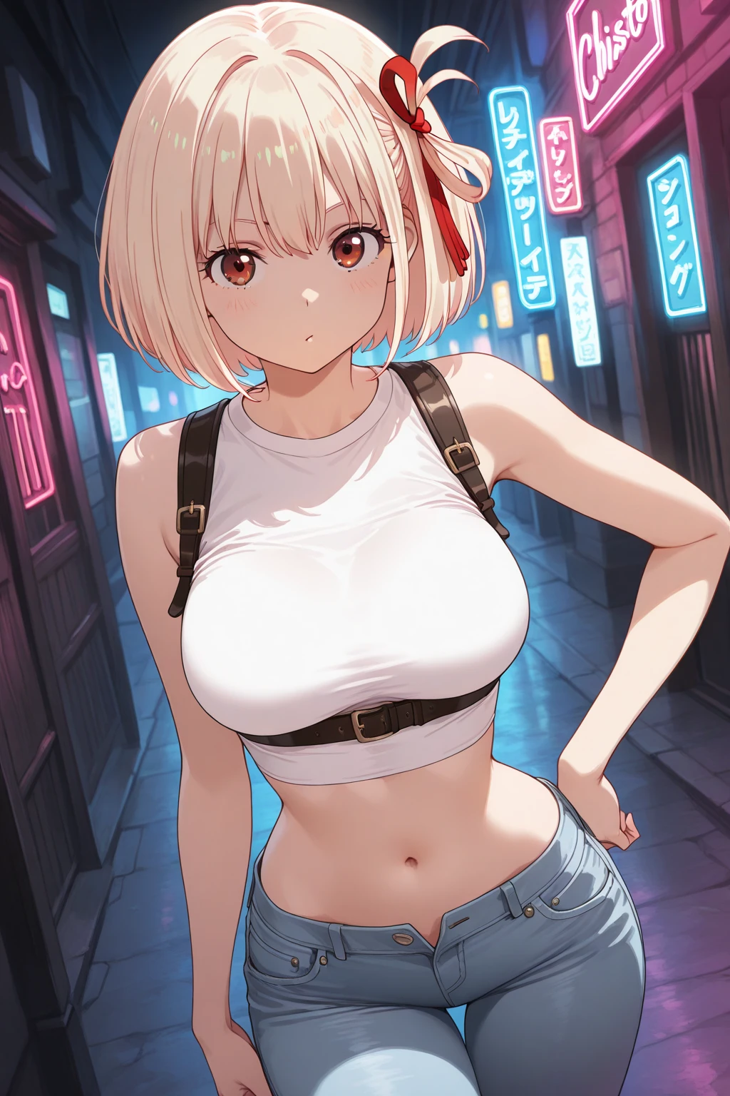 masterpiece,, Best quality, high resolution, 1 Girl， Has short blonde hair，Red clothes，On your belly, Top of crop, (Big Breasts 1.4), Umbilical cord，Fighting Stance，Cyberpunk characters，City Streets