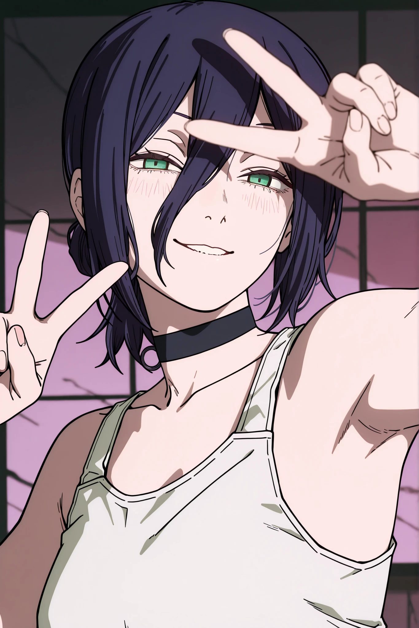 1girl, solo, reze \(chainsaw man\), reze, green eyes, hair between eyes, hair bun, choker, black ribbon, white sleeveless shirt, closeup, masterpiece, high quality, hands up,v,armpit,  gaze,  smirk, looking at viewer, faced viewer, anime screencap