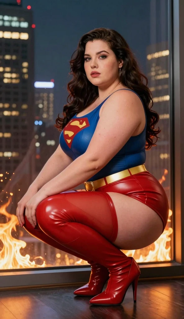  superheroine is electrocuted and paralyzed standing, full body, sweat and ,