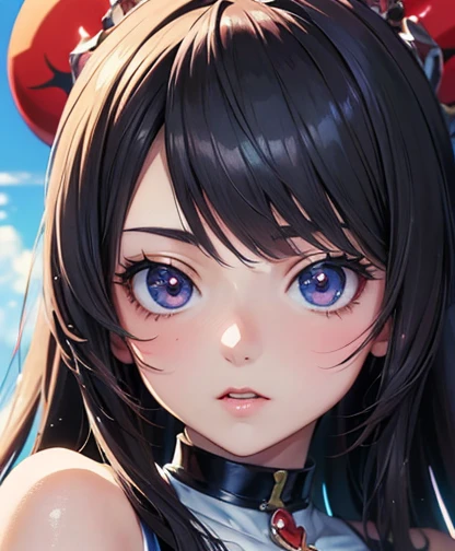  (masterpiece:1.3), (Best Quality:1.3), (Ultra-detailed:1.2), ((kawaii)), Cute, (lovely), (()), ((Extremely detailed)), 4K, (8K), Best Quality, (Beautiful), Illustration, anime style, (bold line:1.2), Gradation, looking at viewer, //, (bent down:1.1), (arms behind back), //, a cute girl, 1girl, (solo:1.2), gleaming skin, //, (), (Perfect eyes:1.2), (Perfect iris:1.2), //, darkblue hair color, (beautiful eyes) //, (half closed eyes:1.3), ( expression:1.2), Fascinated expression, smile, (blush:1.2), //, modern city background, on rock, twin tails, straight bangs, muscle girl, hard abs,  abs, NECKLACE, skirt, heavy armor suit, mecha musume, underboobs