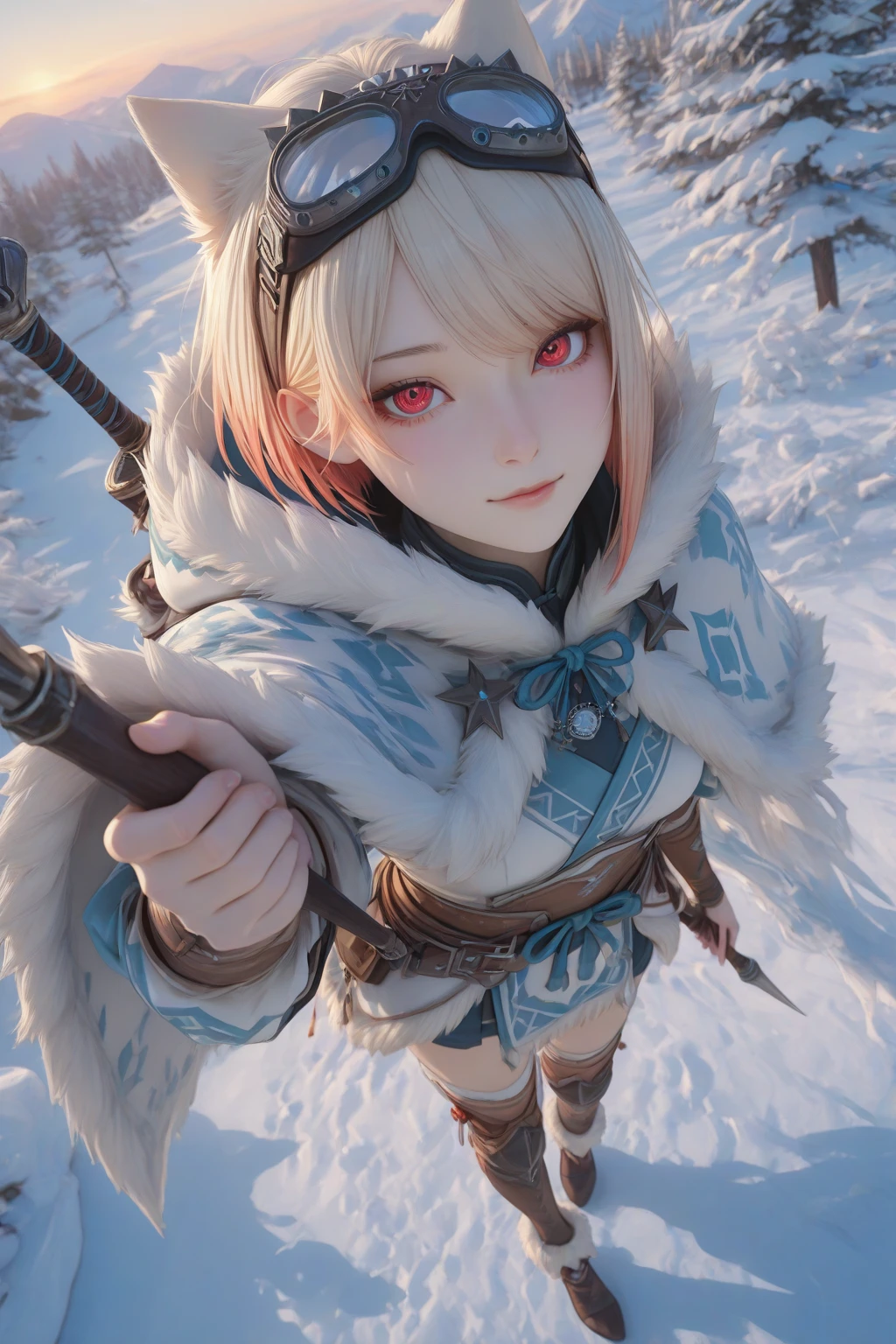 Nino Nakano, armadura abrigada de monster hunter,lago de hielo noche