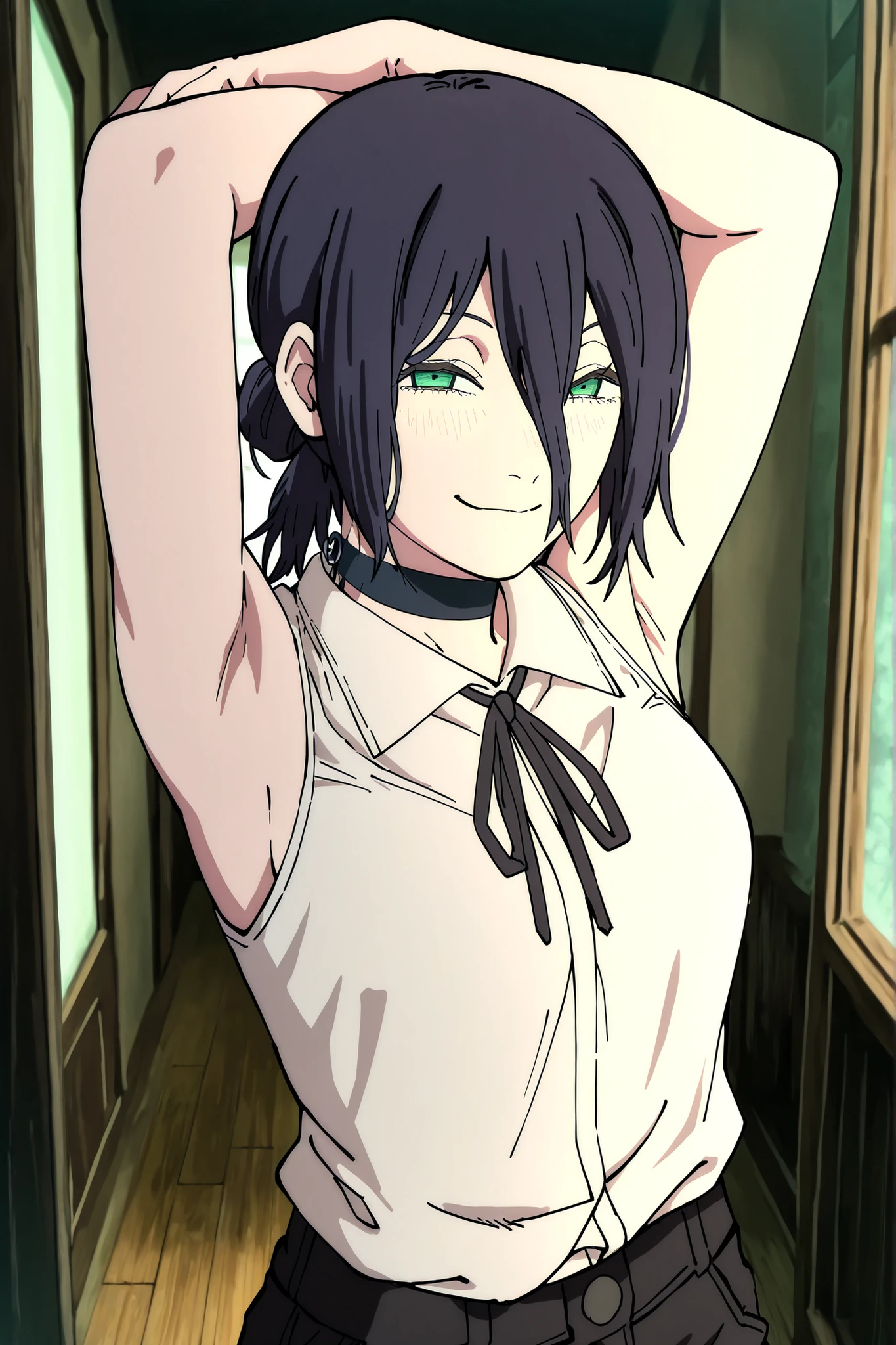 1girl, solo, reze \(chainsaw man\), reze, green eyes, hair between eyes, hair bun, choker, black ribbon, white sleeveless shirt, black shorts, closeup, masterpiece, high quality,standing, arms_behind_head,armpit,lean foward,armpit focus,  gaze,  smirk, looking at viewer, faced viewer, anime screencap