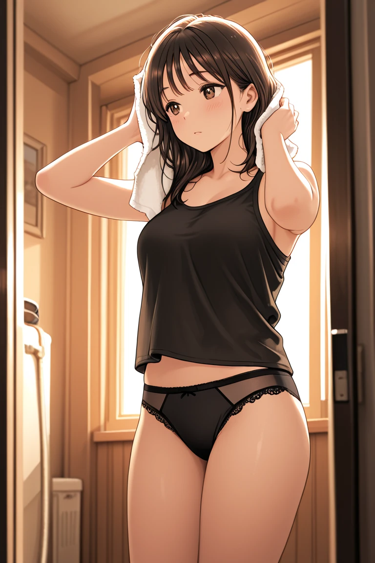 1girl, , , tight shirt, big chest, reaching at the top of a cupboard, shiny skin