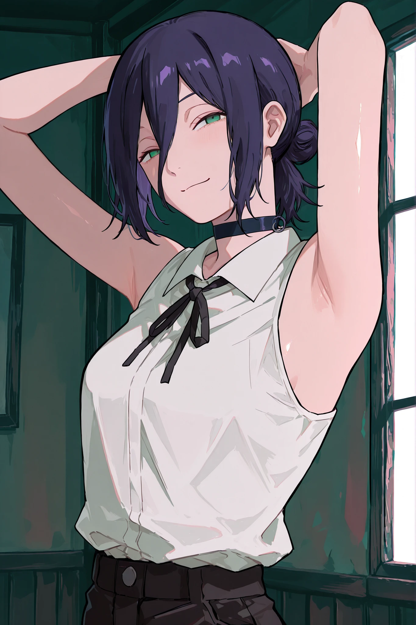 1girl, solo, reze \(chainsaw man\), reze, green eyes, hair between eyes, hair bun, choker, black ribbon, white sleeveless shirt, black shorts, closeup, masterpiece, high quality,standing, arms_behind_head,armpit,lean foward,armpit focus,  gaze,  smirk, looking at viewer, faced viewer, anime screencap, shiny skin