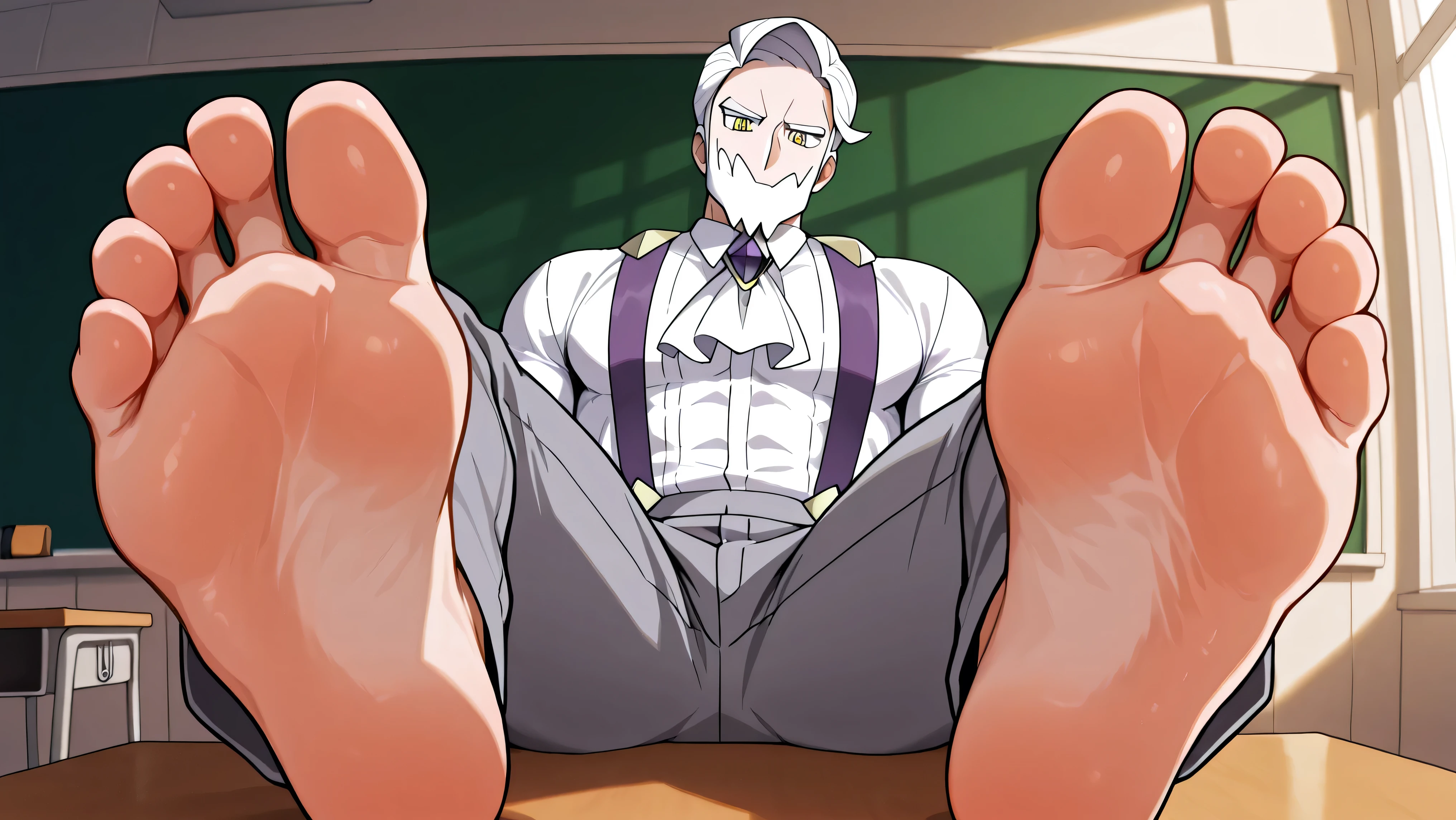 1 male, drayden_pokemon, white hair, yellow eyes, muscular, huge feet, extreme close up on feet, seated, in classroom, relaxing at teacher’s desk, grey pants, white shirt, purple suspenders, barefoot, five toes, wearing clothes, looking down at viewer, teasing expression, toes curled, solo, feet presed on viewer's face, feet close to camera, cropped
