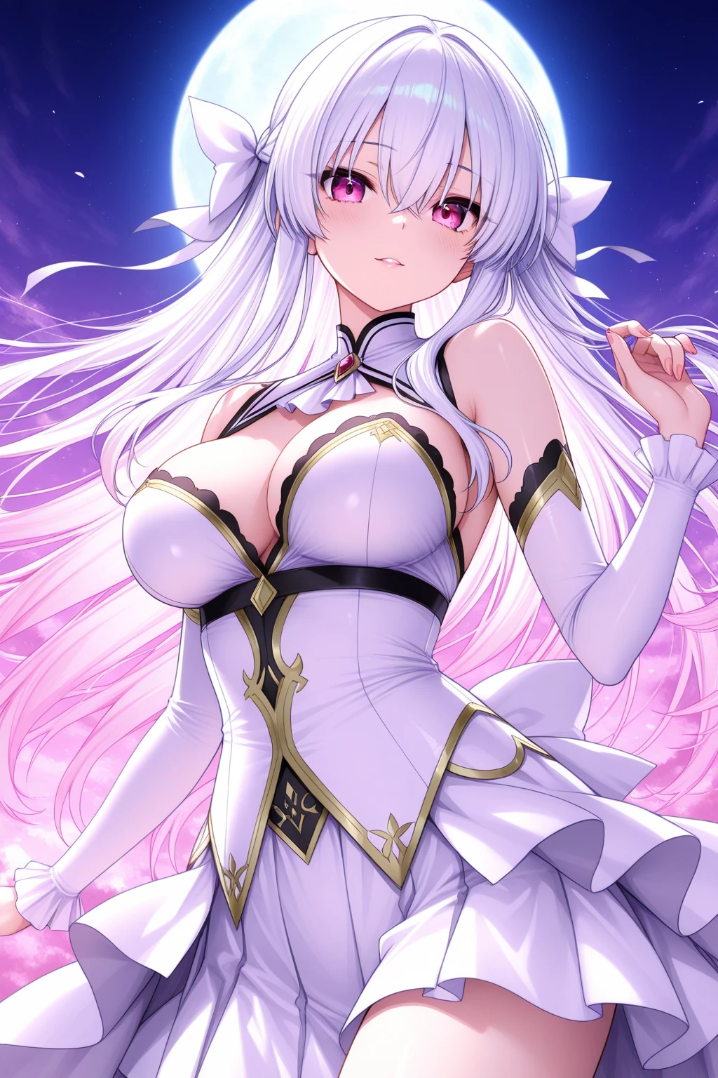 best quality, high resolution, large breasts, white hair, blush, embarrassed, cowboy shot, looking at viewer, Boosette, pink lip, (((off shoulders)))