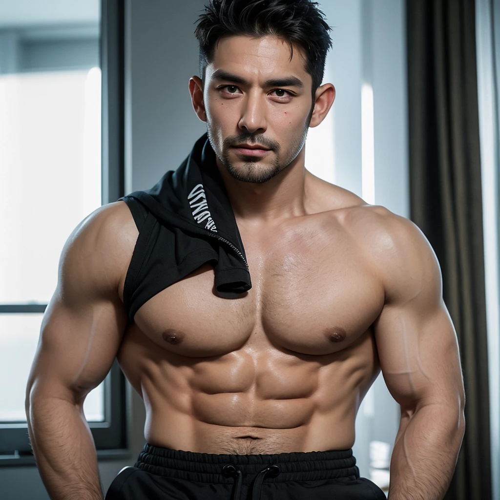 tmasterpiece, Best quality, A  handsome Asian muscular man，Bodybuilding Champion，(((Single black bathroom))),Armpit Hair，Have sideburns and stubble，Sideburns and stubble，Hands caressing his  and ，Handsome Asian man with stubble,Short hair details、Handsome Asian muscular man with stubble, bodybuilder, muscle body, very large muscles, Bodybuilding champion，delicate skin，Raised ，Natural Eyes, Big bulge in  ,Low-rise ， Short hair details,  guys, looking at viewert, No top,  , Men's briefs, , Eternal, Muscle posture， Ultra-high quality， XT3， Crystal clear， 8k Ultra HD， High Detail， Ultra Realistic Photo， （Realistic skin）， （（pores））， （（high detail skin））、Volumetric Light、、far、Complex 3D visualization、High Detail、Real human skin （（Correct body structure））、（（（（Correct ）））、（（（Forced noise reduction）））
