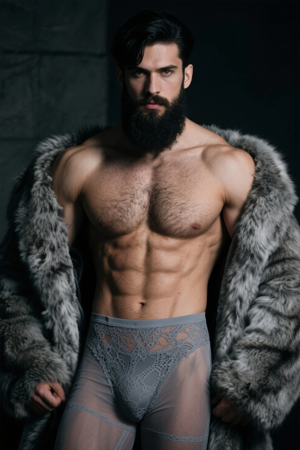 photo of muscular bearded (man) in a worn ((suite style Parka outfit white, revealing white erotic, huge hairy pecs)), big pecs, big arms, big bulge, ((light bokeh)), intricate, (steel metal [rust]), elegant, erotic, oozing sexual energy, homoerotic, sharp focus, photo by greg rutkowski, soft lighting, vibrant colors, (masterpiece), ((streets)), (detailed face), looking at viewer, smile light