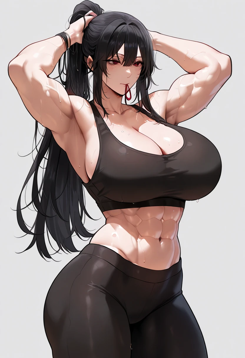 black hair yellow eyes pale skin frown ???????????? (((thick))) ((((muscular girl)))) simple background blush sad