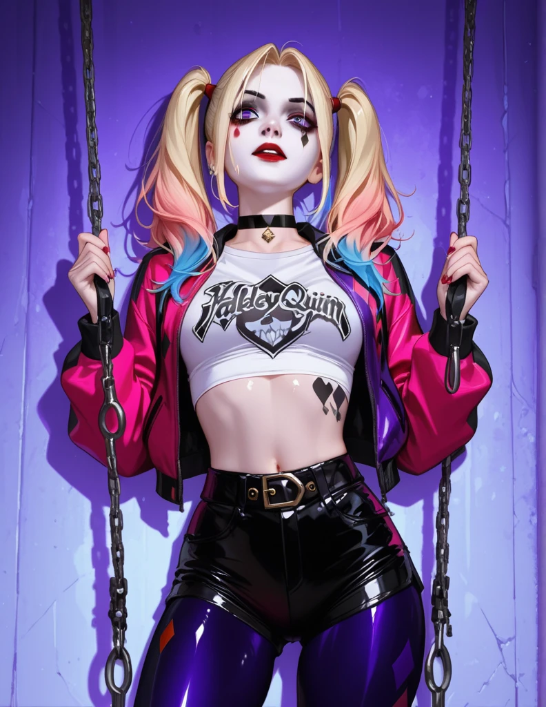 look straight at the camera，prospect，look at a camera，facing at the camera，Woman with baseball bat and baseball cap, Harley Quinn, Harley Quinn Station, harley queen, Harley Quinn, Portrait of Halle Quinn, Highly detailed iconic characters, Harley Quinn movie stills, Black Harley Queen Cosplay, Emma Watson plays Harley Quinn, videogame character, Emma Watson is Harley Quinn, GameCG,