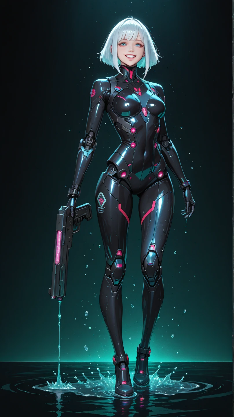 solo, super fine photo, full body picture Unreal Engine 5 8K UHD of a girl in a skin tight futuristic black  Evangelion plug suit, slick black catsuit, black iconic character, smooth black skin, black body, PVC, glossy  suit, rubber suit, rubber belts, collar, rubber glove, high boots, arm and leg cuffs, straps, best quality, masterpiece, official art, unified 8k wallpaper, super detailed, sharp focus, girl and sexy pose, body parts