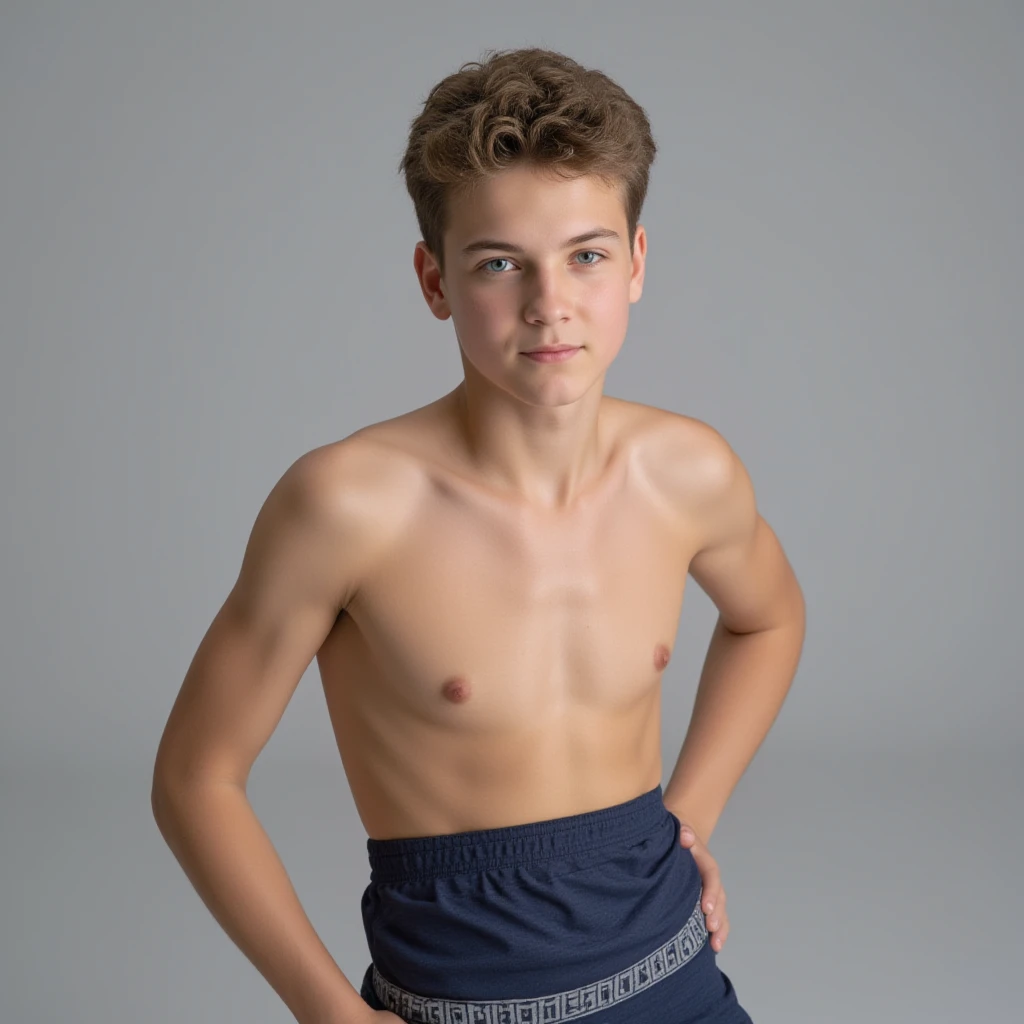 A 16-year-old boy, good-looking, light brown hair, blue eyes, white skin, fine features, very defined body, slender, little clothing, natural body, natural, enjoying the wind, full body standing, shorts, defined pectorals, ???????