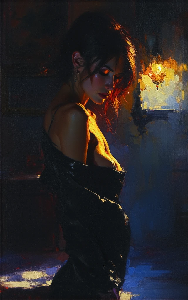 very  girl, long black hair, glasses, , small , full body,  look, large window with a view of the night, stars, moon, (art inspired by Bill Sienkiewicz). oil painting) (best quality,4k,8k,highres,masterpiece:1.2),ultra-detailed,(realistic,photorealistic,photo-realistic:1.37),intricate details,vivid colors,sharp focus,professional,Dave McKean artwork, oil touch of surrealism,oil painting style,portrait,woman,beautiful detailed eyes,beautiful detailed lips,dreamlike atmosphere,shadow play,soft lighting,playful pose
