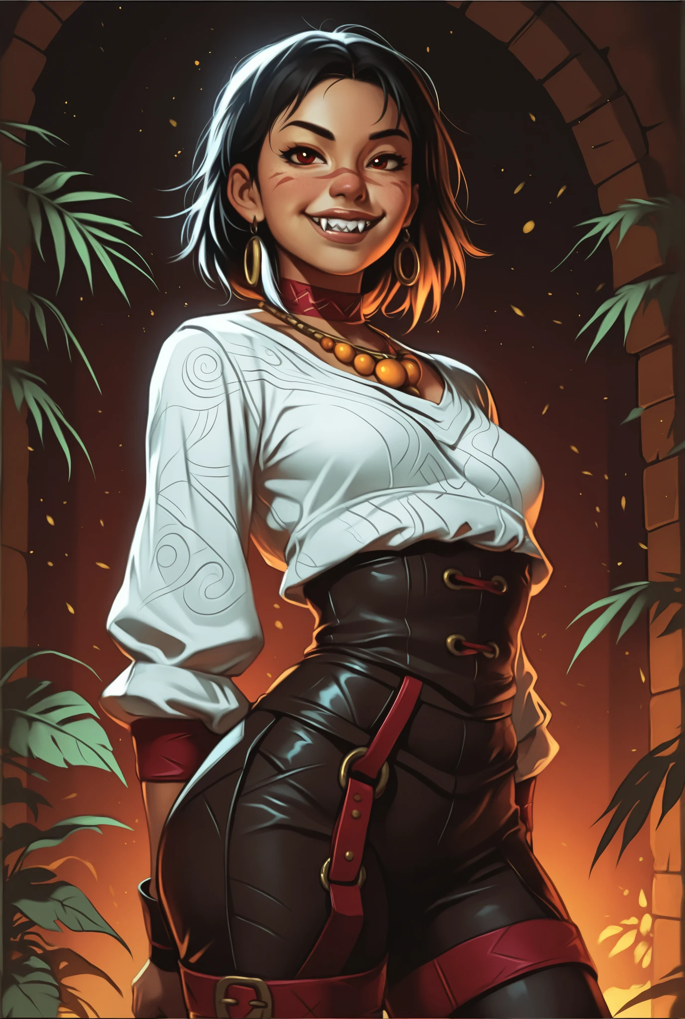 Woman looks like Annette from Castlevania Nocturne. Cute girl. Bronzefarbene Haut. She has a horizontal scar over her nose. She has sharp teeth. pointed fangs in her mouth. your body is athletic, with muscles and abs. B-Cup. Sie hat rote, Asian and narrow eyes, A pretty, And young face and white braids. The Inca clothing made from the finest snakeskin-look leather with corset with leather straps (Schlangenhaut-Optik), and an amber necklace. atmospheric lighting. looks at the viewer. She has an innocent smile with lots of sharp teeth. Keine Tiere im Bild. Hintergrund: aztekischer Tempel, strong lineart, hdr, hdr colours, hdr colours. Sharp. 