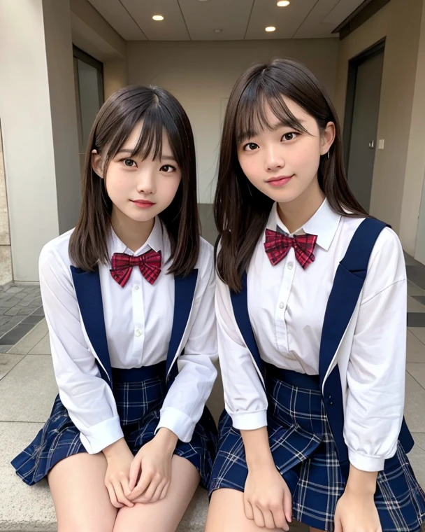 two girls standing in the park,Plain white school gym shirt with navy blue trim,Navy blue speed briefs,Red headband,White headband,18-year-old,bangs,A small smile,Thighs,knees,Straight hair with barrette,From below,Front light, White  visible through the skirt、Lift the hem of the skirt with both hands to reveal the .