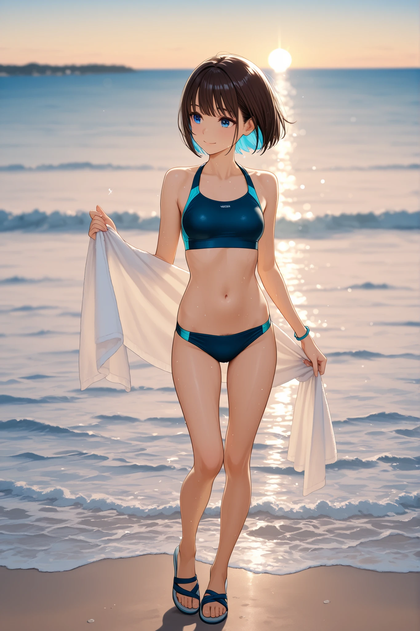 school swimwear、wet hair、wet body、Beautiful girl magician、short brown hair、((whole body))、(((photo taken from below))、pool