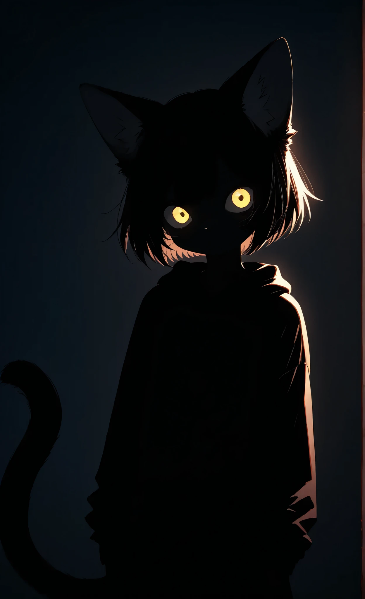 photo, ultra high resolution, Raw photo, irresistibly cute black cat fur, emerging from the deep shadows under the tree, moonlight, penetrating through the, creates a spotted pattern on the charming face, huge reflective eyes, capturing and enhancing minimal light, fluffy ears, outlined against the night sky, , the tail is barely visible as a darker shadow on a dark background, the only ray of a distant streetlight, creating a fighting a glare only on the eyes, expression of innocent curiosity, perfectly cute character design, 