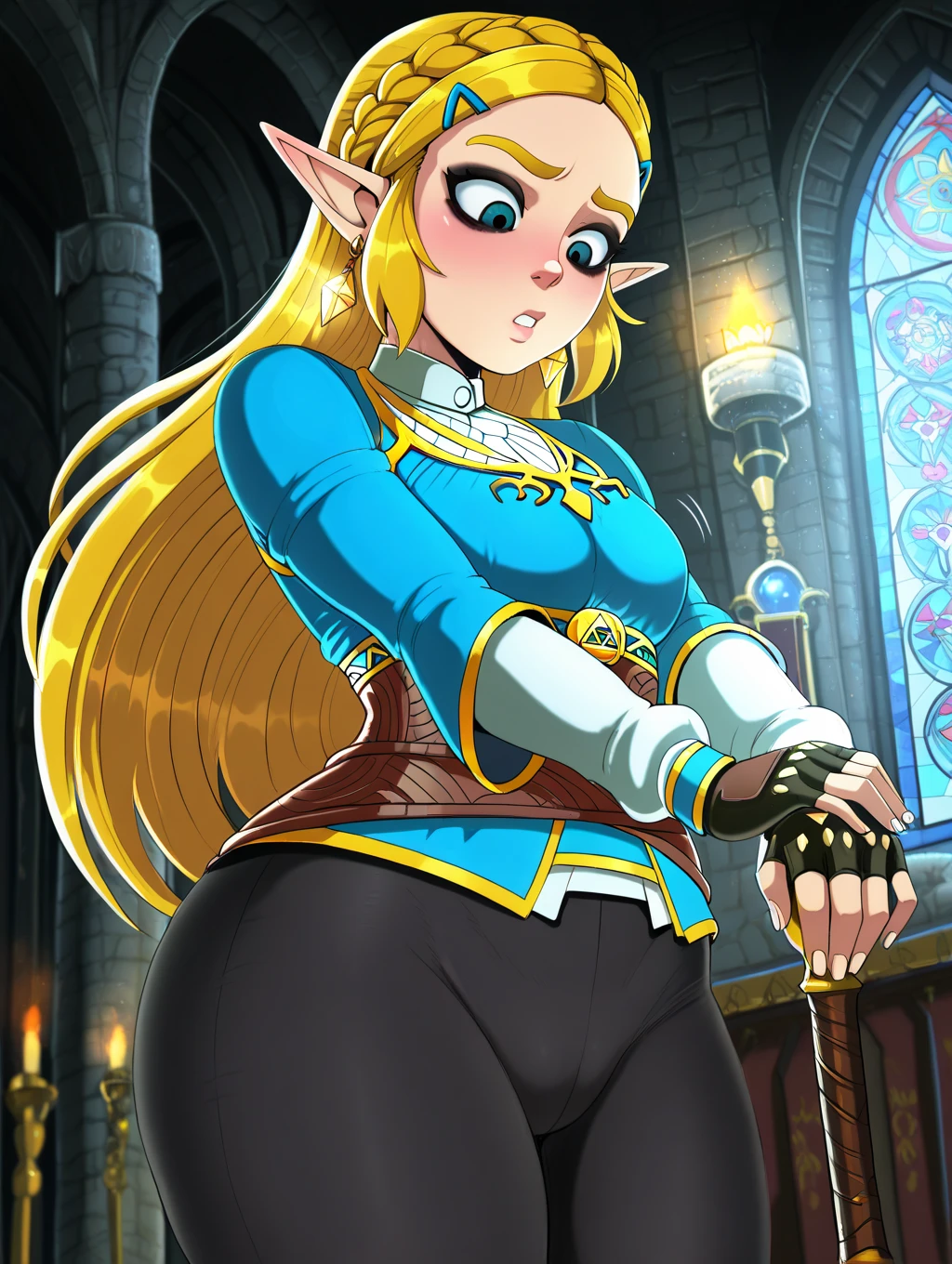 American comics, The comic story is presented in multiple irregular panels with color. The long-haired girl crouches in front of the woman shows  with her mouth, the man comes  all over the girl's face, the beautiful girl sees big tits and  her   real , Zelda fingered ass