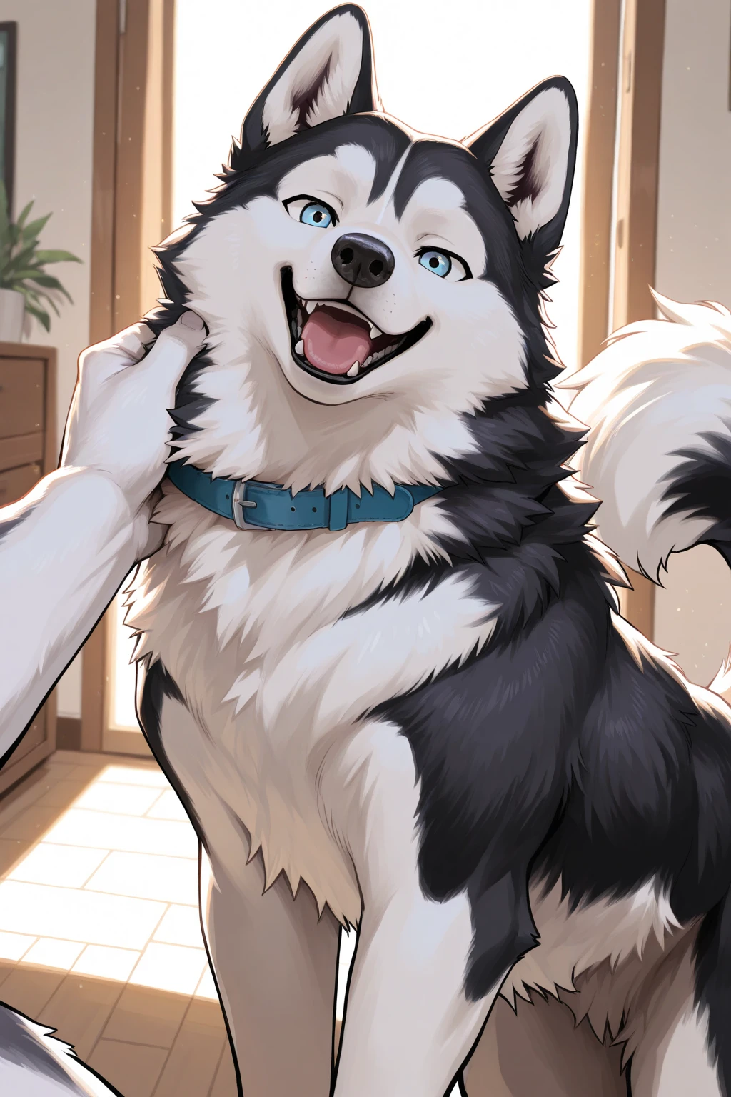 by zixiong, (1boy), solo, male, kemono, (blue wolf), white coutershading, (), handsome, muscular, adult, hunk, hot body, (detailed black eyes), detailed face, white eyebrows, (1 detailed big hard white ), , thick body, , full body, pectoral, 6-pack abs, masterpiece, high res, best quality, 8k, , lineart, detailed shade, sunroof
