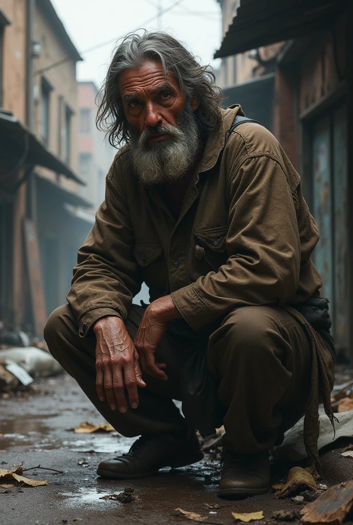 Mr. John is an elderly man in his late 70s, with a frail, thin frame. His face is weathered from years of hardship, with deep lines etched into his skin. He wears tattered clothes—an old jacket with holes, thin pants, and worn-out shoes. His beard is scruffy, and his hair is unkempt, showing the signs of living a difficult life on the streets. Mr. John outside his gate sleep on the ground