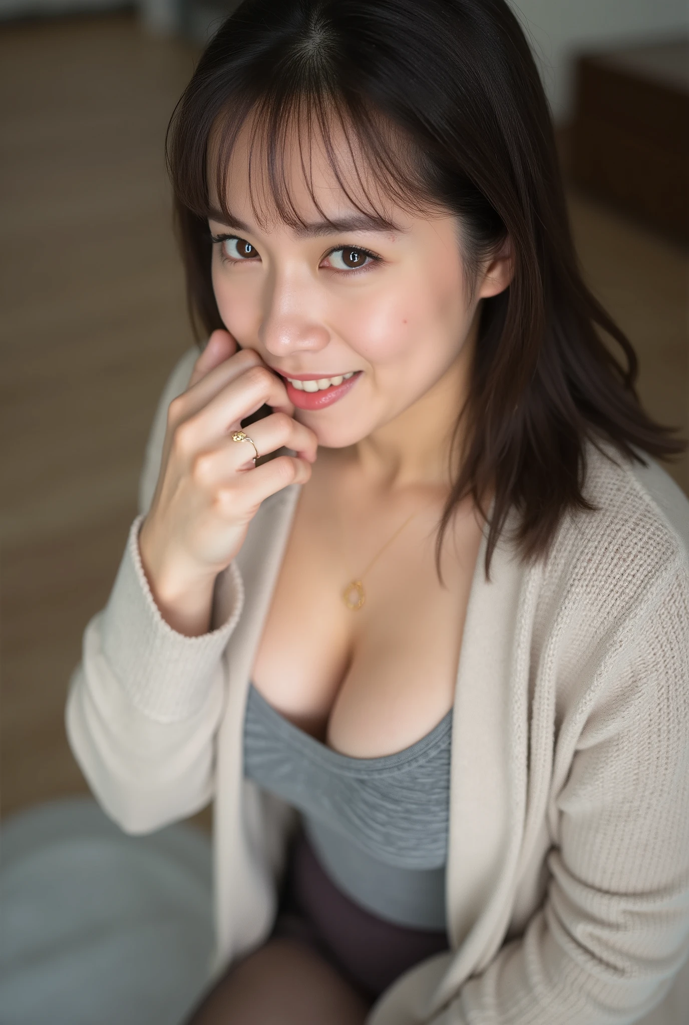 masterpiece, top quality,Great Quality, 1girl, solo, dark eyes, medium hair, 黒い髪, No bangs, shoulder length, Mole Under Mouth, viewers rub their , big , Curvy Body, Housewife, collarbone, cardigan, leggings, pendant necklace,wedding ring, is standing, background details.seductive smile、Attractive Body、angle from below