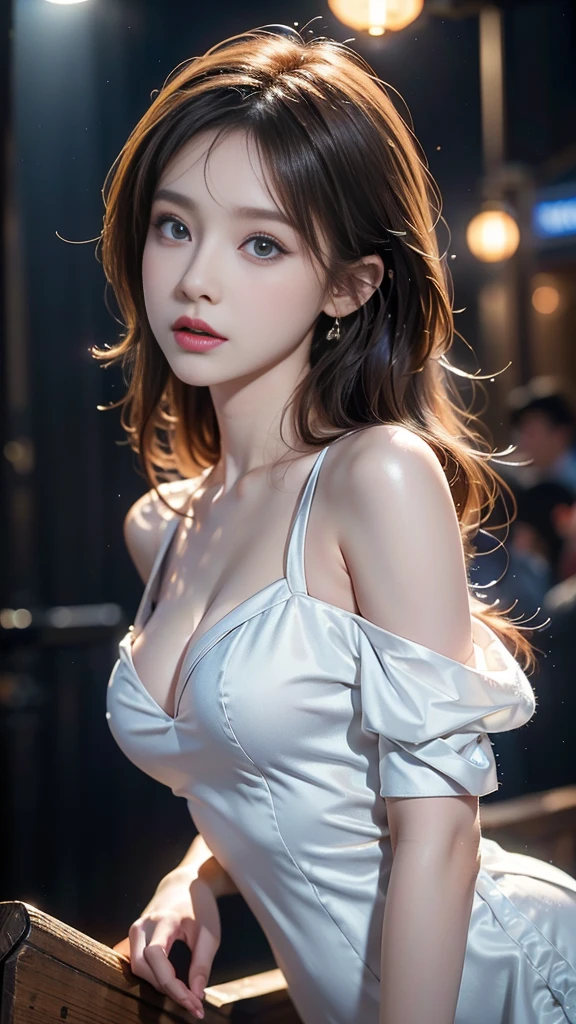 dating attire, ((cowboy shot)), ((???? shoulder)), ((Short hemlines, ???? long legs)), ((Cute Girl)), realistic detailed photo of a giant breasted girl with exposed shoulders, detailed fingers, high quality skin, red eyes, alone in a winter scene with clouds, wind, and flowing hair, (best quality,4k,8k,highres,masterpiece:1.2),ultra-detailed,(realistic,photorealistic,photo-realistic:1.37),studio lighting,vivid colors