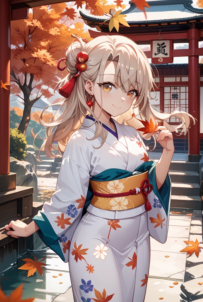 ultra-detailliert, hight resolution,​masterpiece、top-quality、Mami Tomoe、ighly detailed,Three-dimensional feeling、front-facing view, One side up, Mamitomoe, Mami Tomoe, blondehair, Drill Hair, twin drills, (Yellow eyes:1.3)a closed mouth, bow ribbon, Long hair,arms on both sides、Taisho period in Japan、White color kimono、outside of hakama、a park、realisitic,1girl in、Beautiful flowers々Park in full bloom、absolute reference to center、A smile、standing on the grass、absolute reference to center