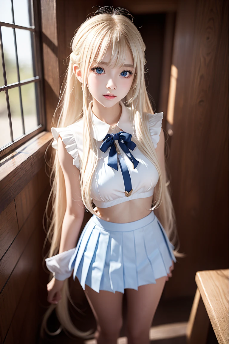 portlate、School Uniforms、bright expression、poneyTail、Young shiny shiny white shiny skin、Best Looks、Blonde reflected light、Platinum blonde hair with dazzling highlights、shiny light hair,、Super long silky straight hair、Beautiful bangs that shine、Glowing crystal clear attractive big blue eyes、Very beautiful nice cute 16 year old girl、Lush bust