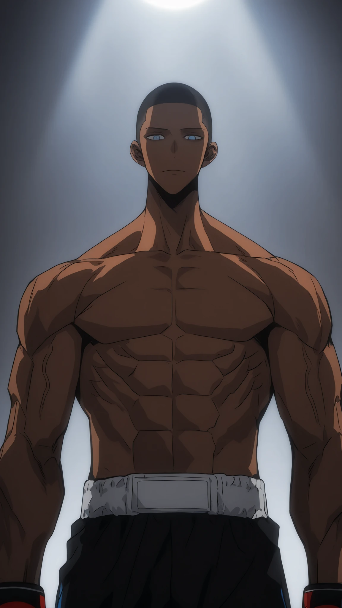 Aaron tide (the boxer),cinematic portrait of score_9, score_8_up, score_7_up,
boxy, looking at viewer, from the front, low angle view, broad shoulder, male, closed mouth, boxing gloves. 85mm lens, f/1.8, dramatic side lighting, moody atmosphere, brown skin, buzz cut black hair, dark circles, blue eyes, man in his 30's, standing menacingly, Wide trapezius muscles, Side lighting, upperbody , side light, upperbody only, wide neck