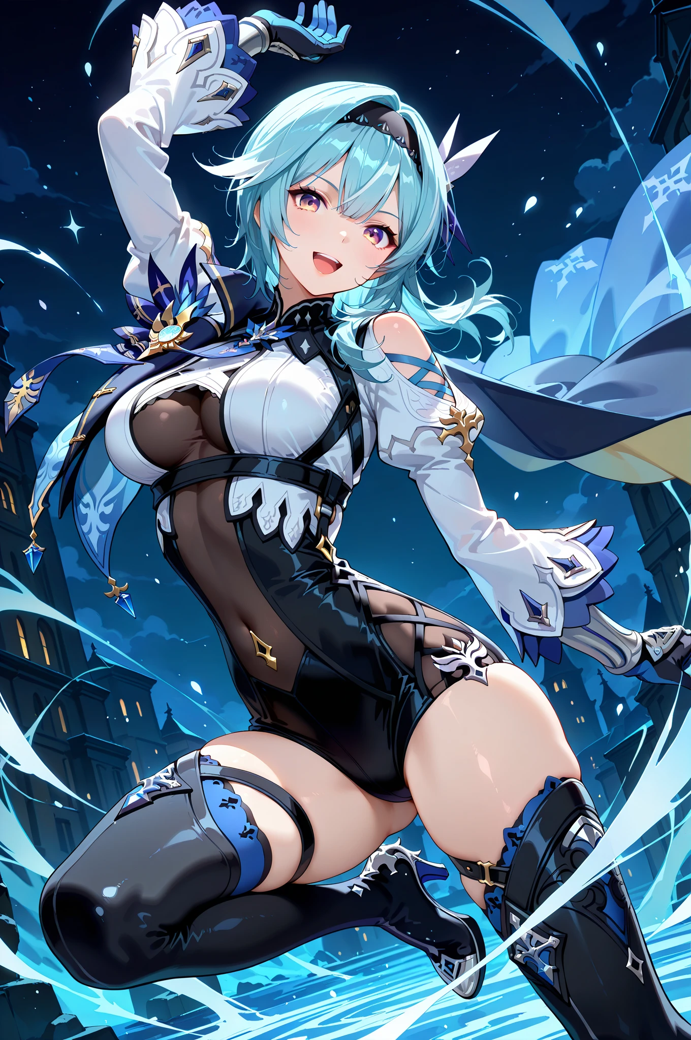 beautiful, masterpiece, Highest quality, anime, One girl, C Cup,Portrait Shot, View your viewers, Covered、Short Hair、nearby、Blue Eyes、art、、White hair,Blue streaked hair、wallpaper、hairpin、Cute smile、Thighs、navel、Sci-fi hair accessories、Sci-fi knee-high boots、Cute、Sci-fi underskirt、Sci-fi combat uniform、blue sky、Leather material、body paint、Beautiful breasts、